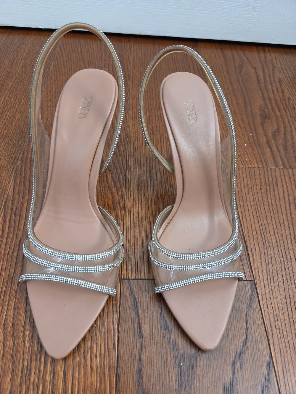 Zara Nude Clear Slingback Heels with Rhinestone Straps